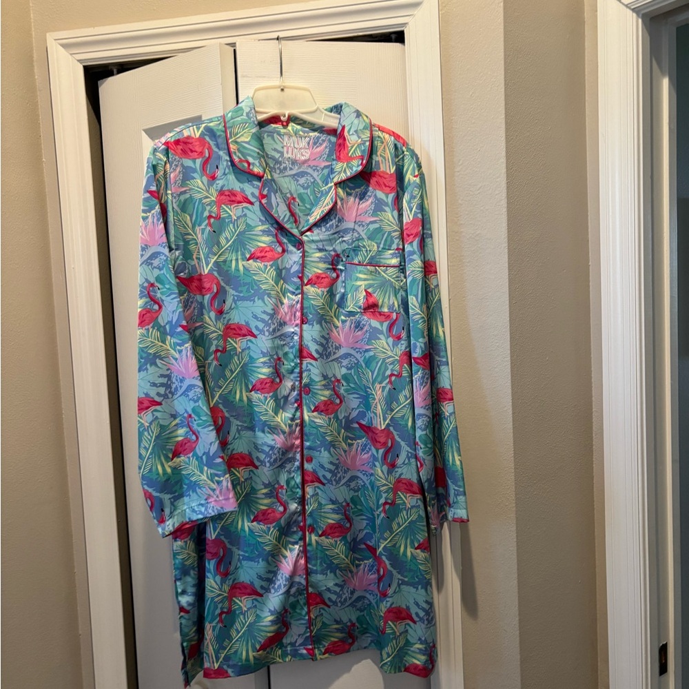 Muk Luks Tropical Flamingo Women’s Robe/Nightshirt- Blue and Pink